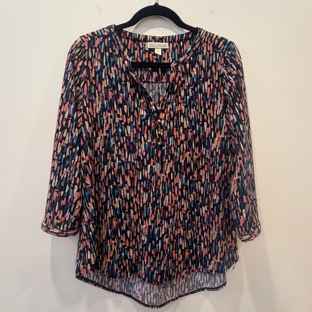 Dana Buchman medium Navy Pink Abstract Blouse 3/4 sleeve v-neck office career